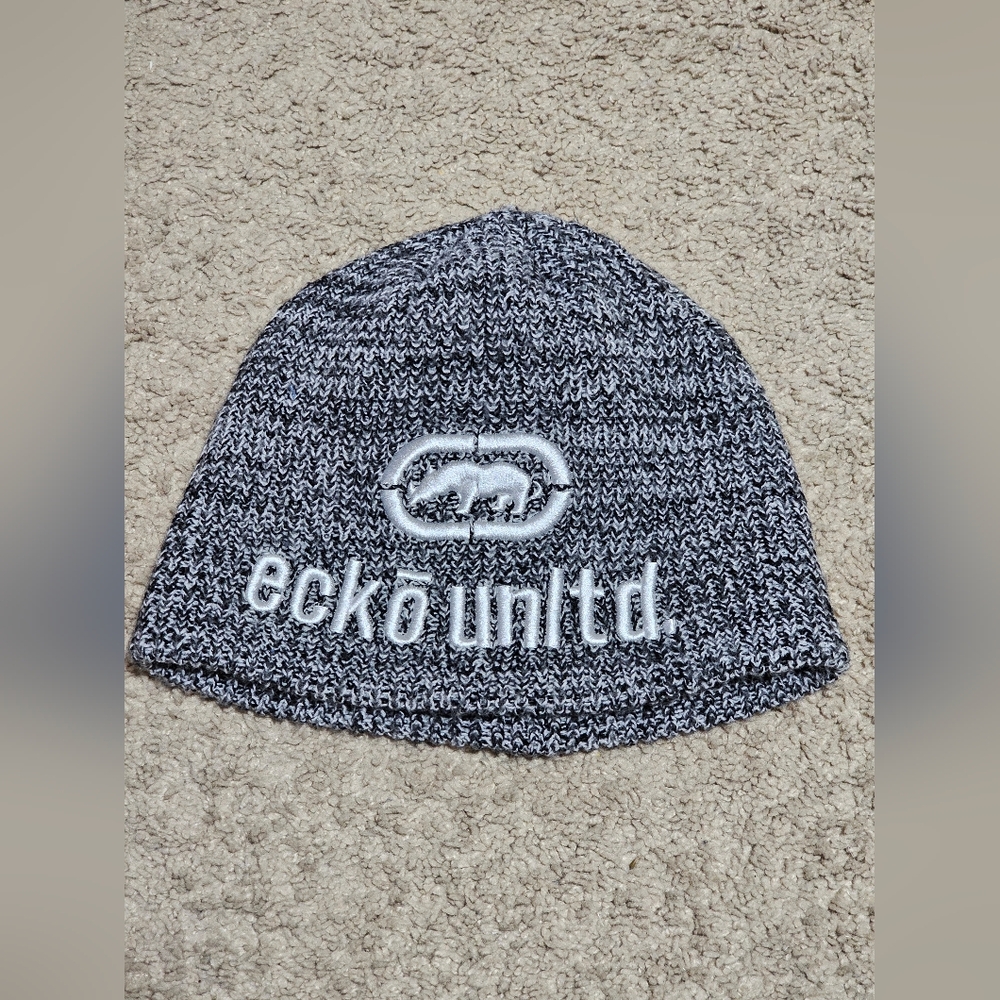 Ecko Unlimited Beanie Knit Hat - Rhino Logo - Heathered Black/Gray - Stretch Fit
